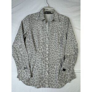 Express Design Studio L Button-Up Shirt Gray Stripe & Leopard Print Classic Y2K